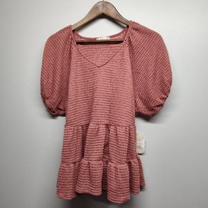 New Altar'd State Waffle Knit Top Women Size S Pink Short Ballon Sleeve